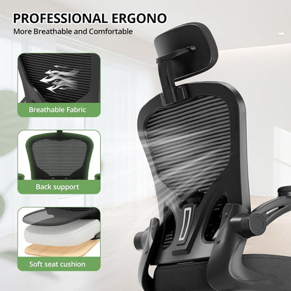 Office Chair Ergonomic Desk Chair, 330LBS Capacity, High Back Computer Chair for Long Hours Comfortable, Rolling Swivel Executive Task Chair for Home Office with Flip-Up Armrests, Black