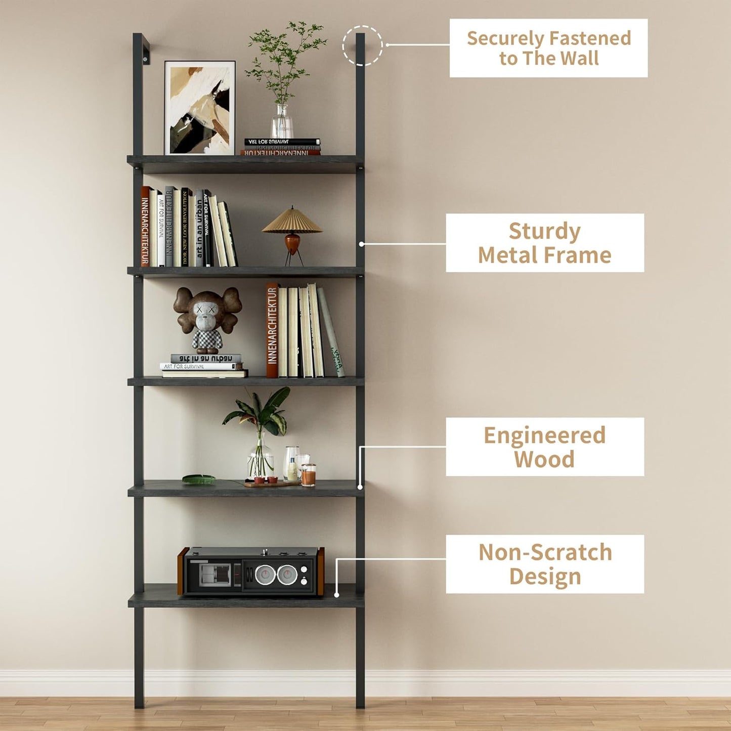 5-Tier Bookshelf Wall Mount Ladder Bookcase Industrial Standing Corner Bookshelf with Wood Board and Metal Frame, Modern Tall Narrow Storage Organizer for Home Office (Black, 1 Piece)