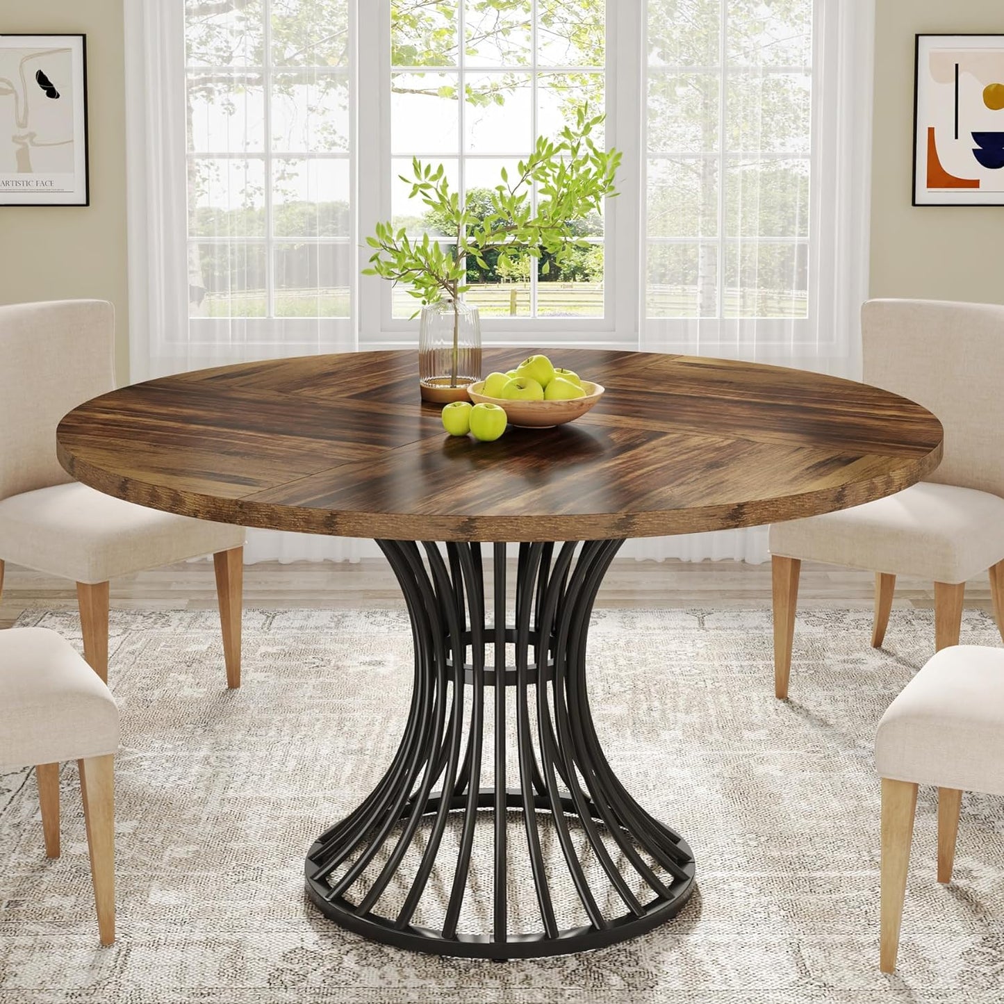 round Dining Table for 4-6 People, 47-Inch Farmhouse Dinning Room Circle Kitchen Table, Industrial Dinner Table with Metal Base for Kitchen, Living Room, Black and Brown