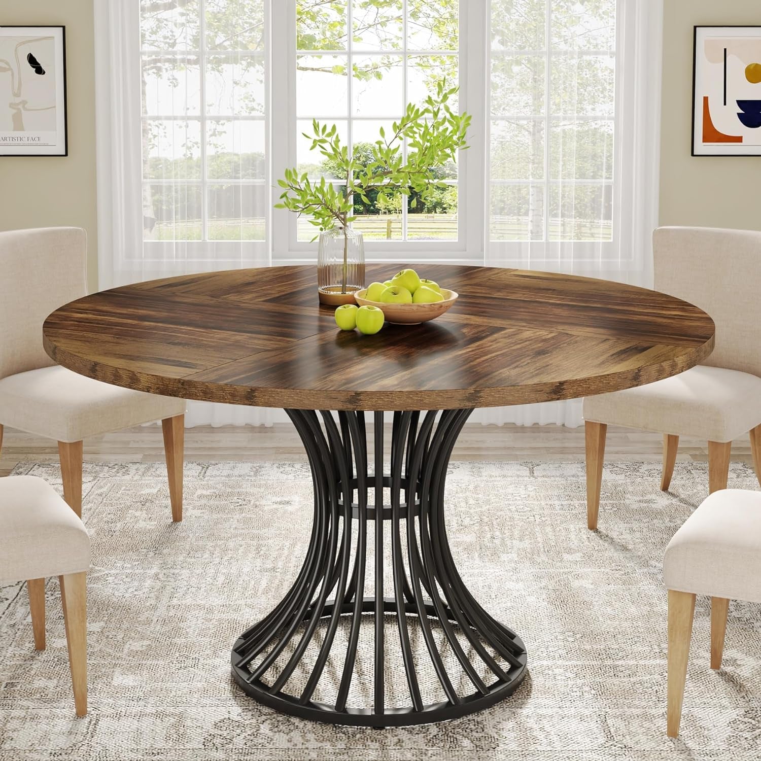 round Dining Table for 4-6 People, 47-Inch Farmhouse Dinning Room Circle Kitchen Table, Industrial Dinner Table with Metal Base for Kitchen, Living Room, Black and Brown