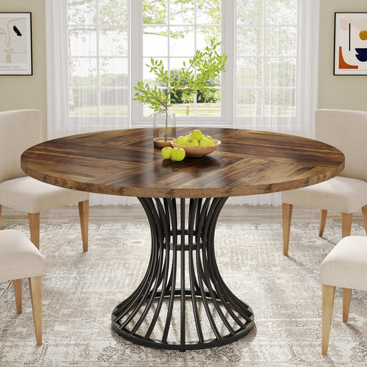 round Dining Table for 4-6 People, 47-Inch Farmhouse Dinning Room Circle Kitchen Table, Industrial Dinner Table with Metal Base for Kitchen, Living Room, Black and Brown