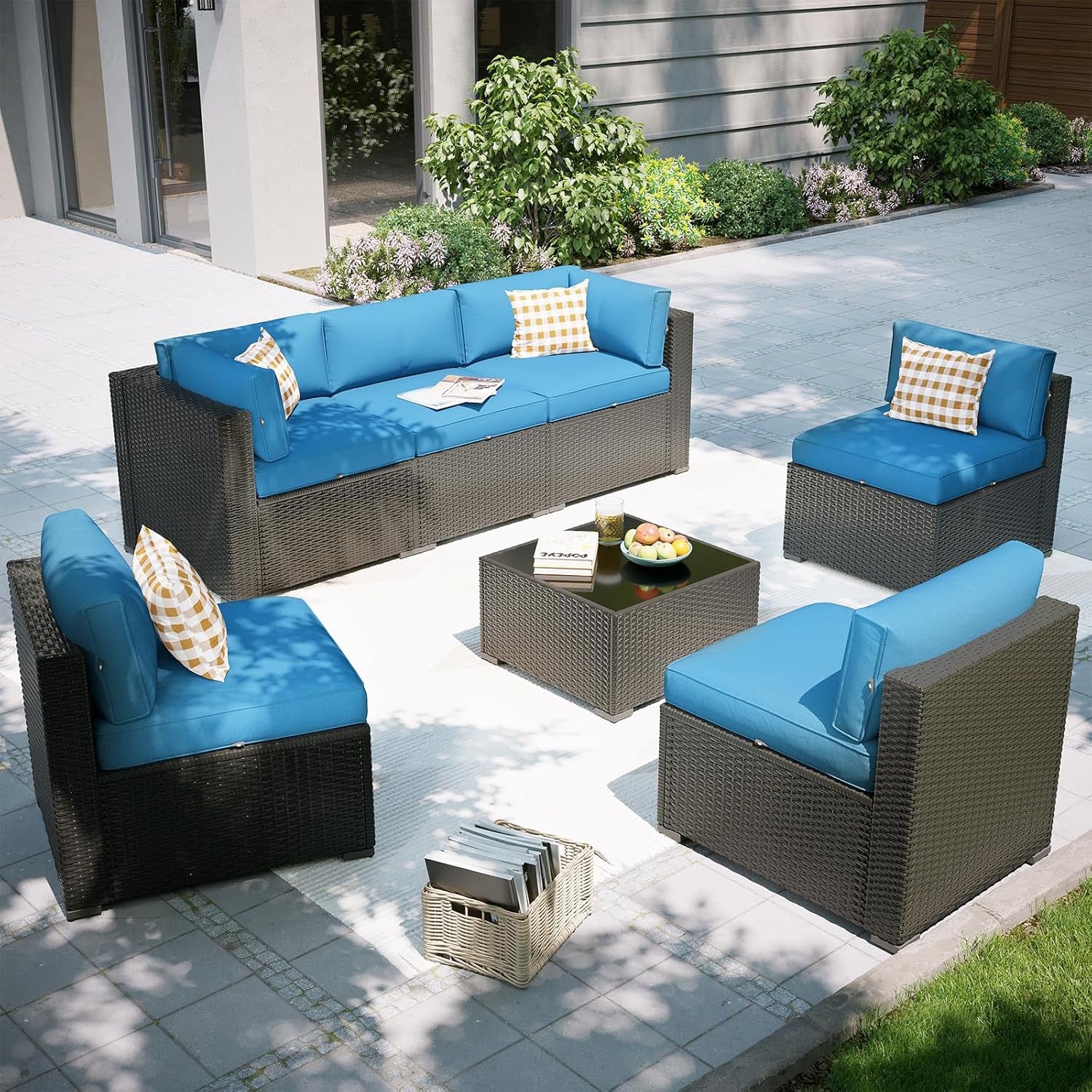 Patio Furniture Set, 7 Piece Outdoor Sectional Sofas with Waterproof Cover, Wicker Rattan Outdoor Furniture Patio Conversation Set for Backyard, Garden Peacock Blue