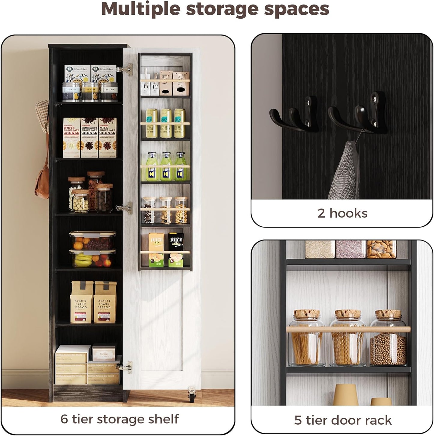 Small Kitchen Pantry Cabinet 72" for Narrow Space, with Single Door and Adjustable Shelves, Freestanding Tall Storage Cabinet for Living Room, Bathroom, Black and White