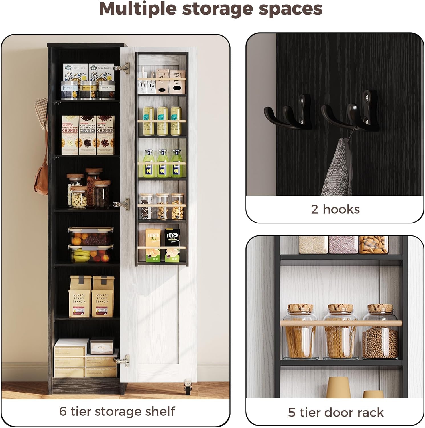 Small Kitchen Pantry Cabinet 72" for Narrow Space, with Single Door and Adjustable Shelves, Freestanding Tall Storage Cabinet for Living Room, Bathroom, Black and White