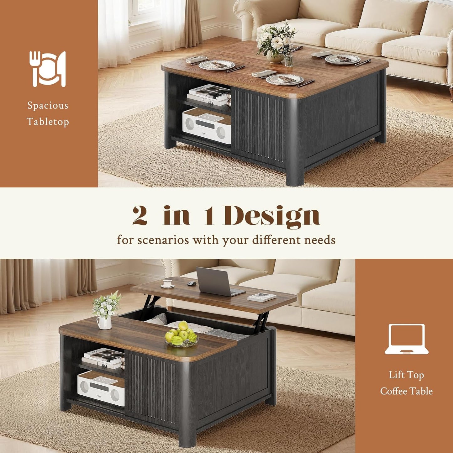 Lift Top Coffee Table with Storage, 31.5" Mid Century Modern Square Coffee Tables for Living Room, Large Hidden Storage Compartment, Adjustable Shelves & Sliding Door, Black