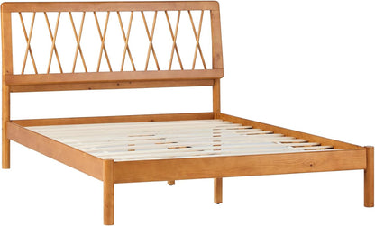 Queen Transitional Geometric X Pattern Headboard Solid Wood Bed, Queen Size, Caramel