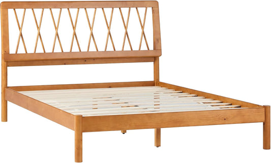 Queen Transitional Geometric X Pattern Headboard Solid Wood Bed, Queen Size, Caramel