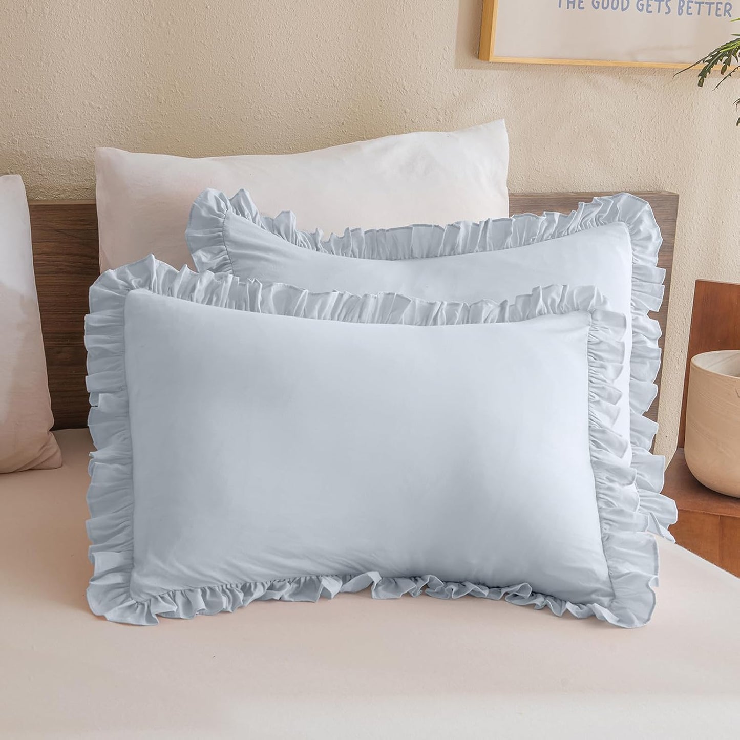 Light Blue Ruffle Pillow Shams King Size,2 Pack 20"X36" Pillow Sham,Shabby Boho Chic Farmhouse Bed Pillow Covers King Ultra Soft and Luxury Microfiber Vintage Pillowcases Set