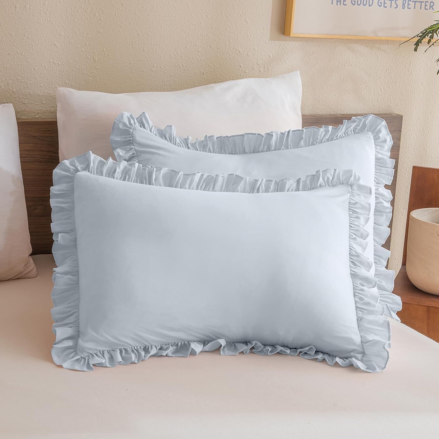 Light Blue Ruffle Pillow Shams King Size,2 Pack 20"X36" Pillow Sham,Shabby Boho Chic Farmhouse Bed Pillow Covers King Ultra Soft and Luxury Microfiber Vintage Pillowcases Set
