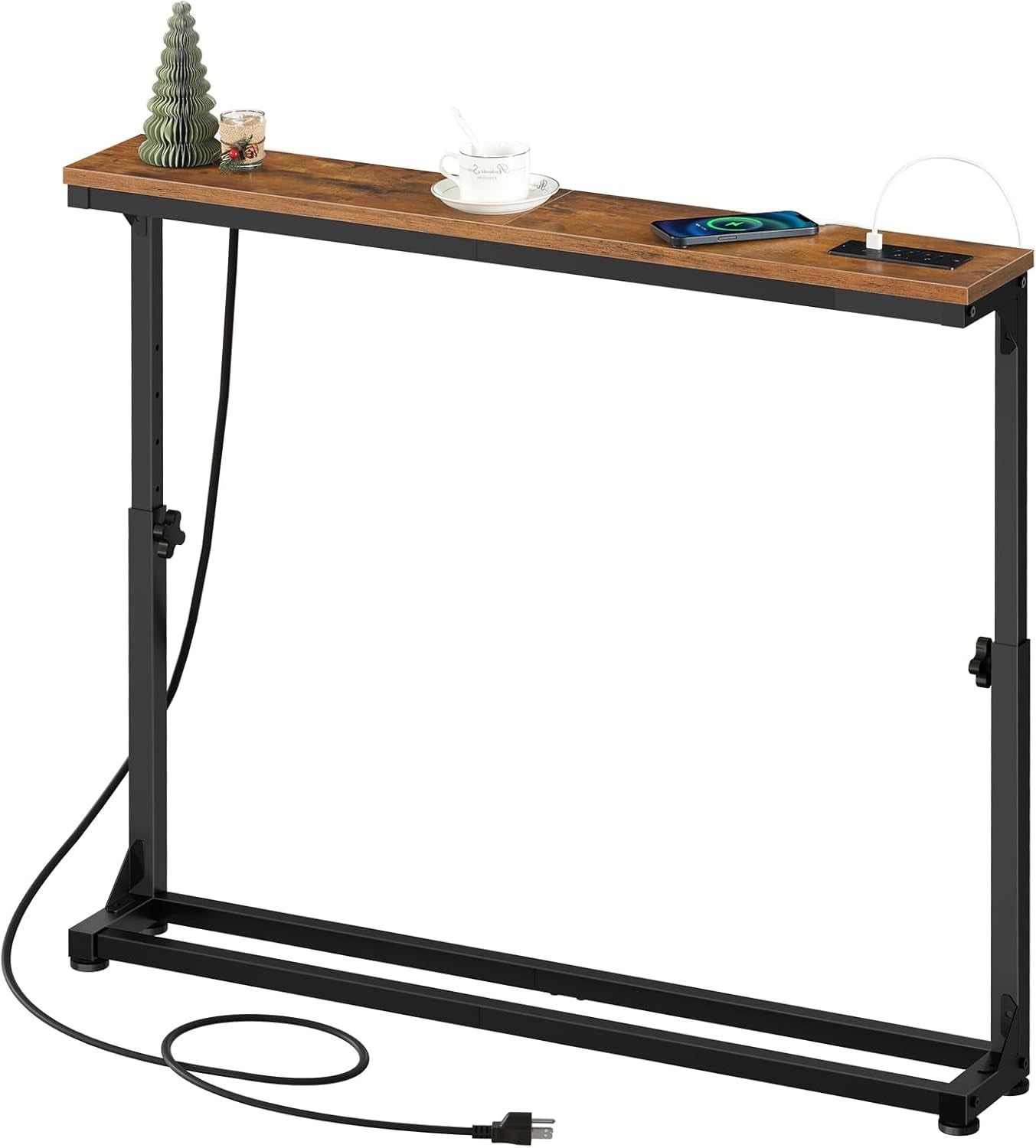 Narrow Console Table with Adjustable Height (25''-32.9''), behind Couch Table with Charging Station, 39.4"W X 5.9"D Skinny Sofa Entryway Table, for Living Room, Hallway, Rustic Brown BF95UXG01