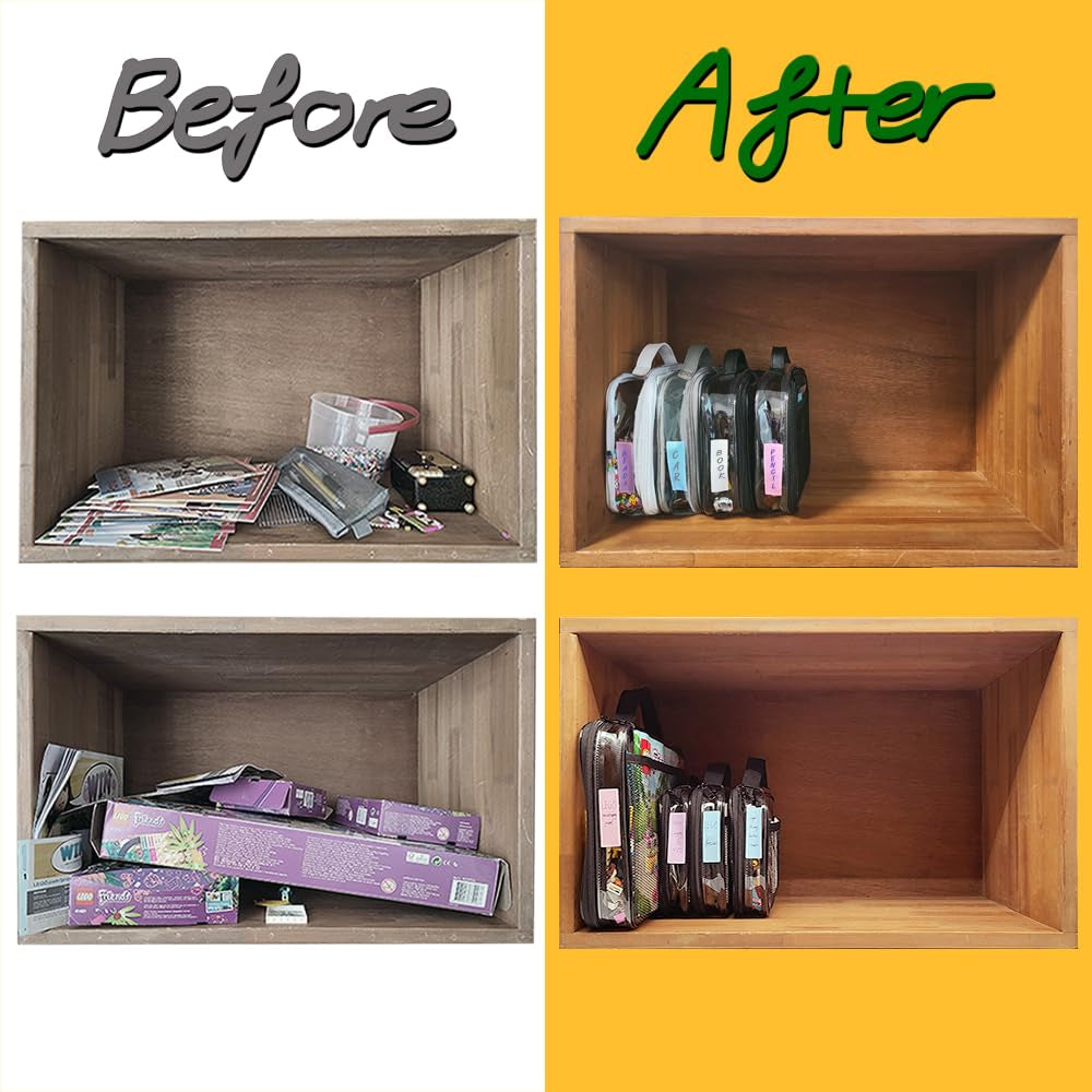 4 Packs PVC Zippered Blocks Set, Toy, Clay, Board Game Storage Organizer Case (Name Tag, Manual Pocket) (Black, Large)