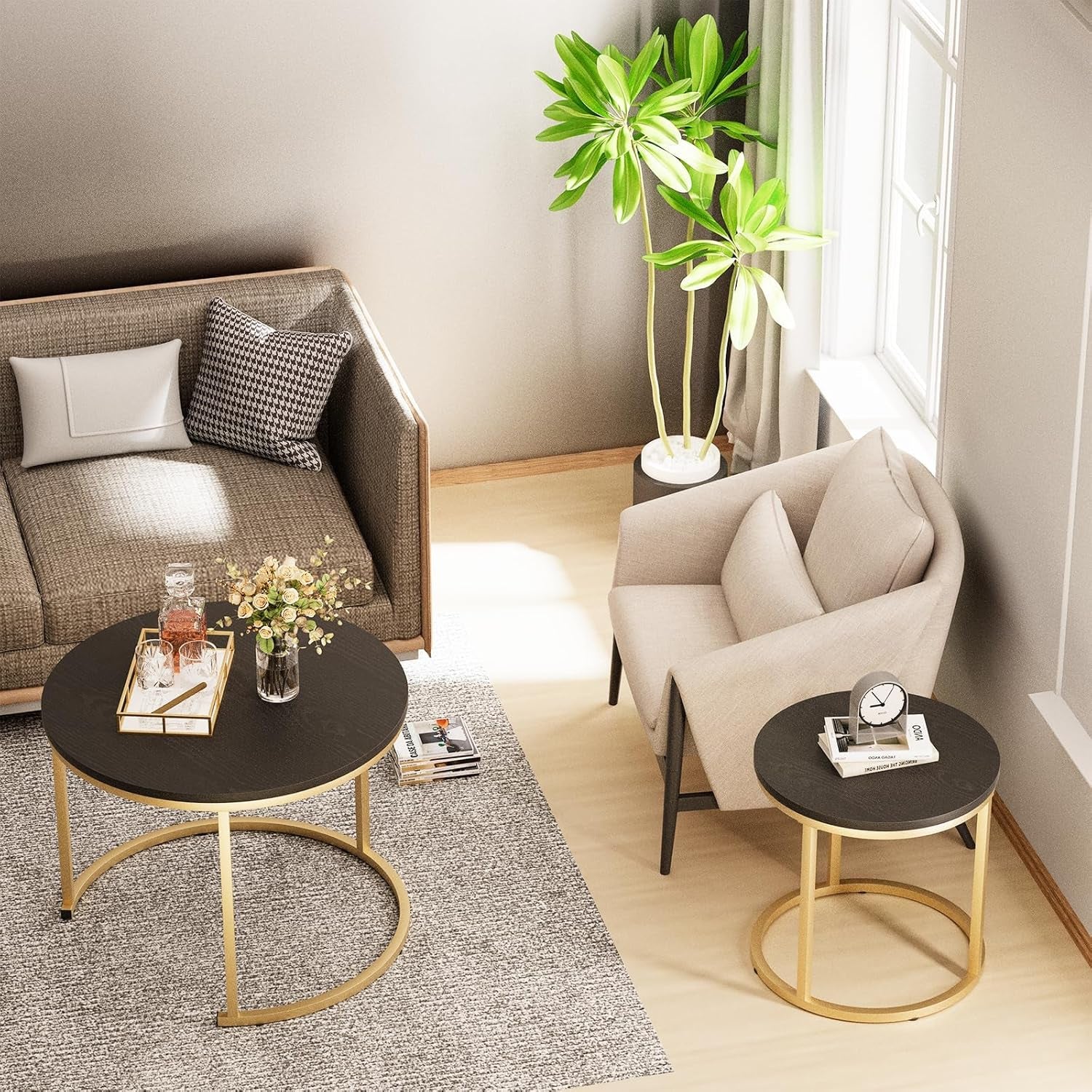 Nesting Coffee Table, 23.6" round Coffee Table Set of 2, Wooden Nesting Table Set with Metal Frame, Side Tables for Living Room Bedroom Balcony, Black