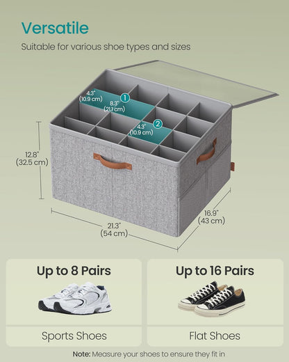 Shoe Organizers for Closet, Pack 2 Shoe Storage Bins, Fits 32 Pairs, Fabric Containers with Handles and Clear Cover, Adjustable Dividers, Customizable, Dove Gray ULSP556G01