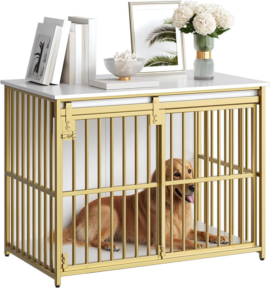 Dog Crate Furniture, 36.6" Heavy Duty Dog Kennel with Sliding Barn Door, Wooden Dog Cage Indoor, Decorative Side End Table for Small/Medium Dogs, White and Gold GD162GW03G1