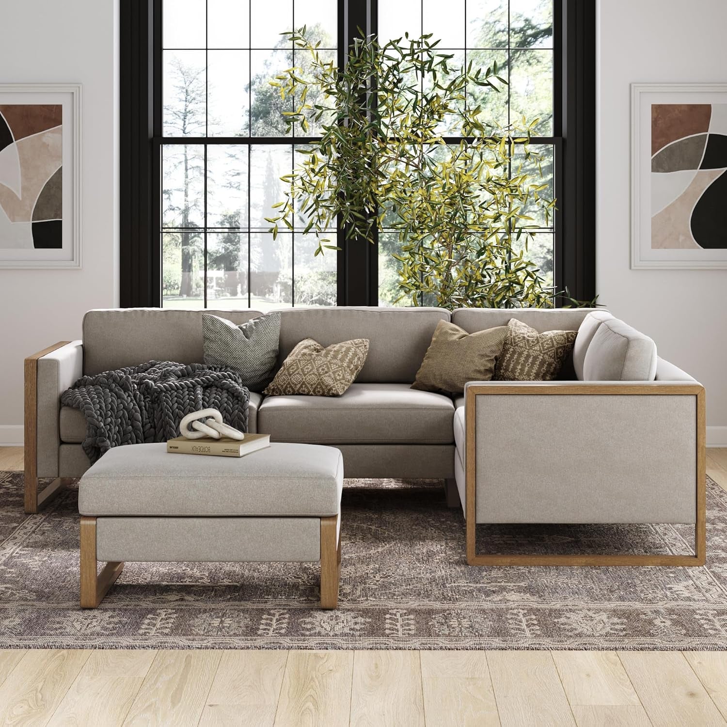 Madison Modern Ottoman Coffee Table with Storage, Upholstered Ottoman with Solid Wood Legs, Sand/Light Brown