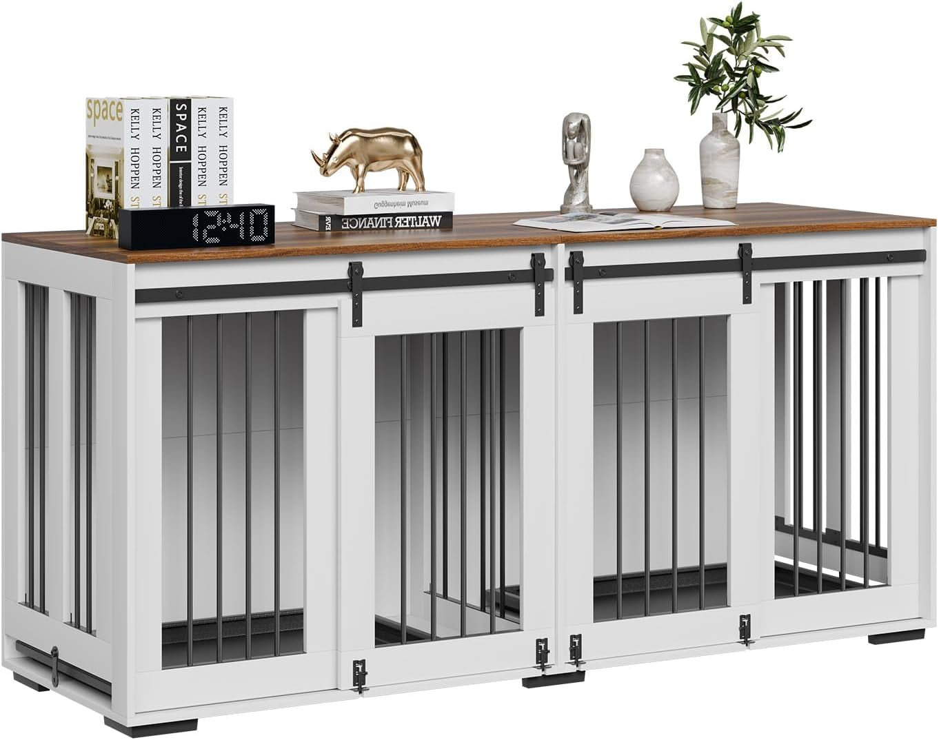 72"Dog Crate Furniture for 2 Dogs,Double Dog Crate Furniture with Double Sliding Doors,Large Dog Crate TV Stand with Removable Tray,Steel Frame Double Dog Crate for Small,Medium,Large Dogs White