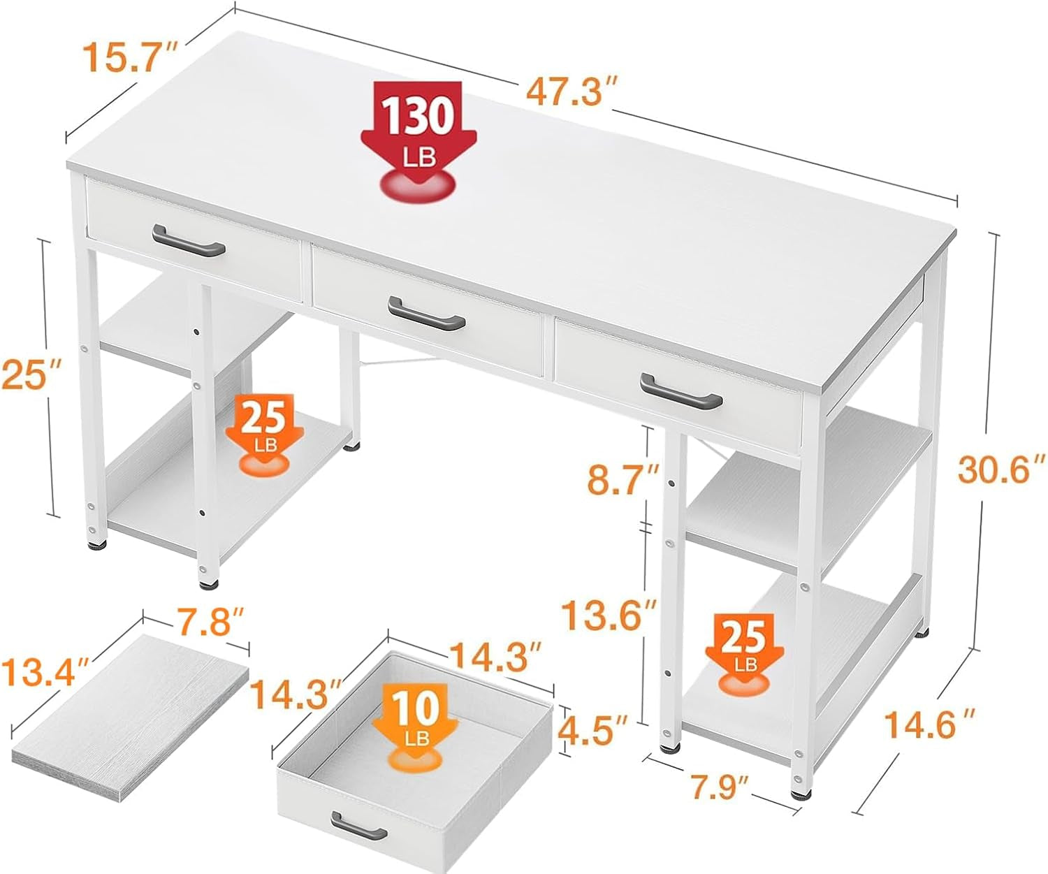 Office Small Computer Desk: Home Table with Fabric Drawers & Storage Shelves, Modern Writing Desk, White, 48"X16"