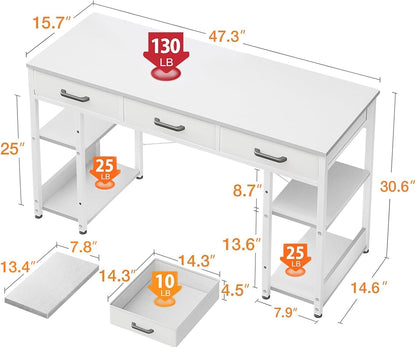 Office Small Computer Desk: Home Table with Fabric Drawers & Storage Shelves, Modern Writing Desk, White, 48"X16"