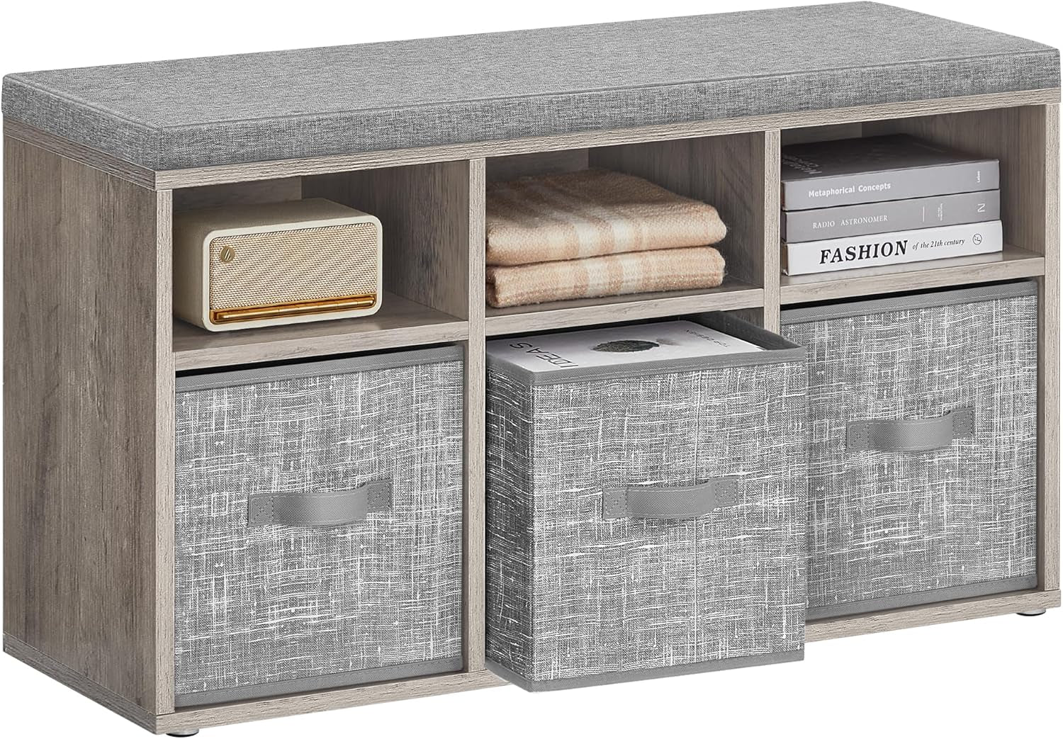 Shoe Bench with Cushion, Shoe Storage Bench with 6 Compartments and 3 Adjustable Shelves, Entryway Bench with 3 Storage Boxes, for Bedroom, Closet, Living Room, Heather Greige ULSB101K01