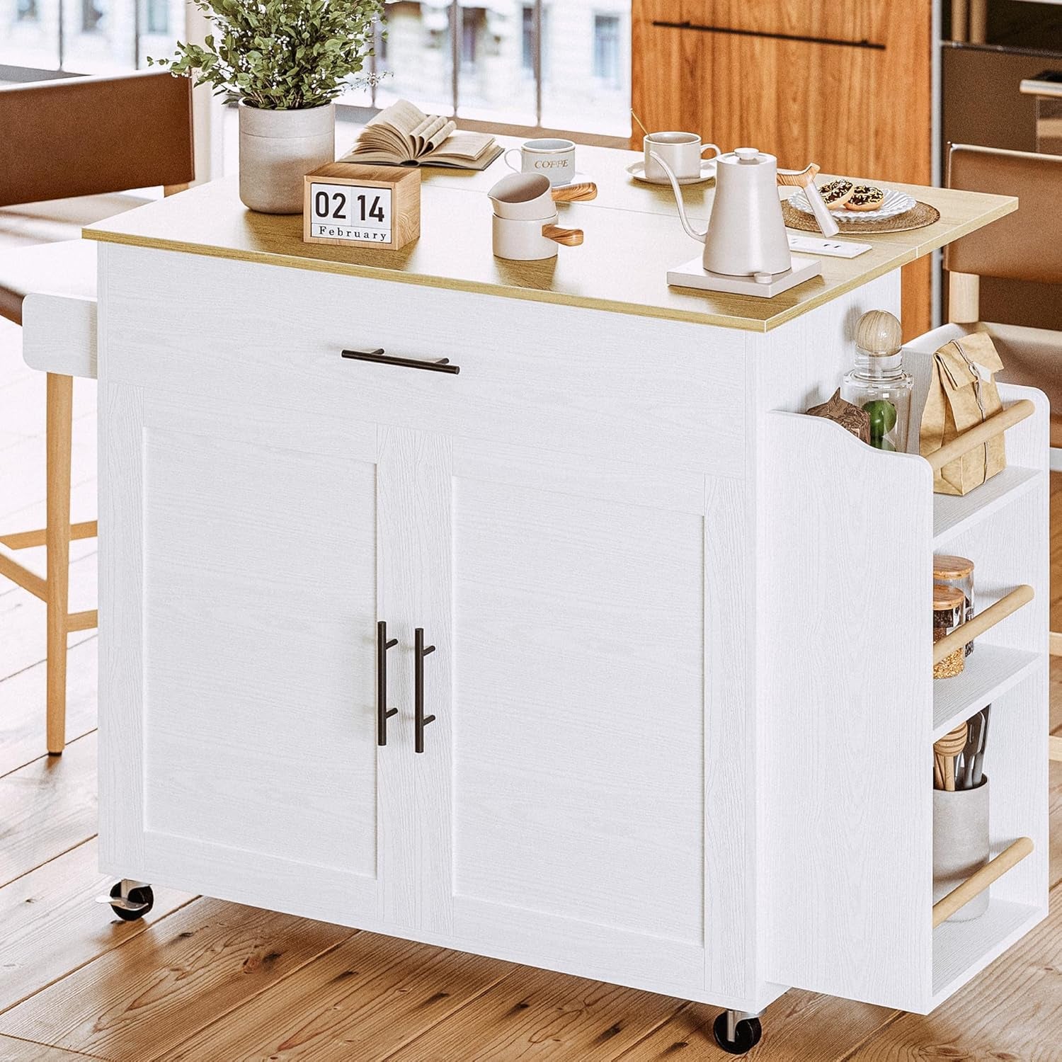Kitchen Island with Storage, Rolling Kitchen Island on Wheels with Drop Leaf, 3 Open Spice Rack Shelf, Door Cabinet, Drawer, Kitchen Cart Island Table for Kitchen, White