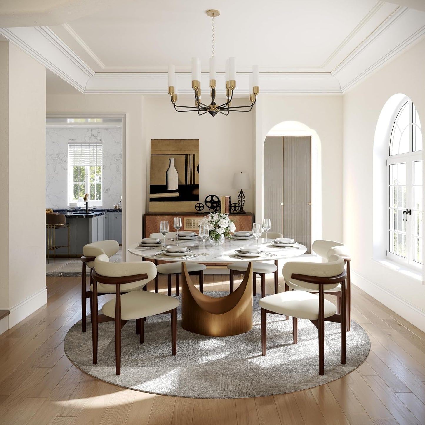 59" round Dining Table for 6, Glossy White Sintered Stone Dining Tabletop with Bronze Carbon Steel Pedestal, Modern Dining Room Table for Living Room, Kitchen (Table ONLY)