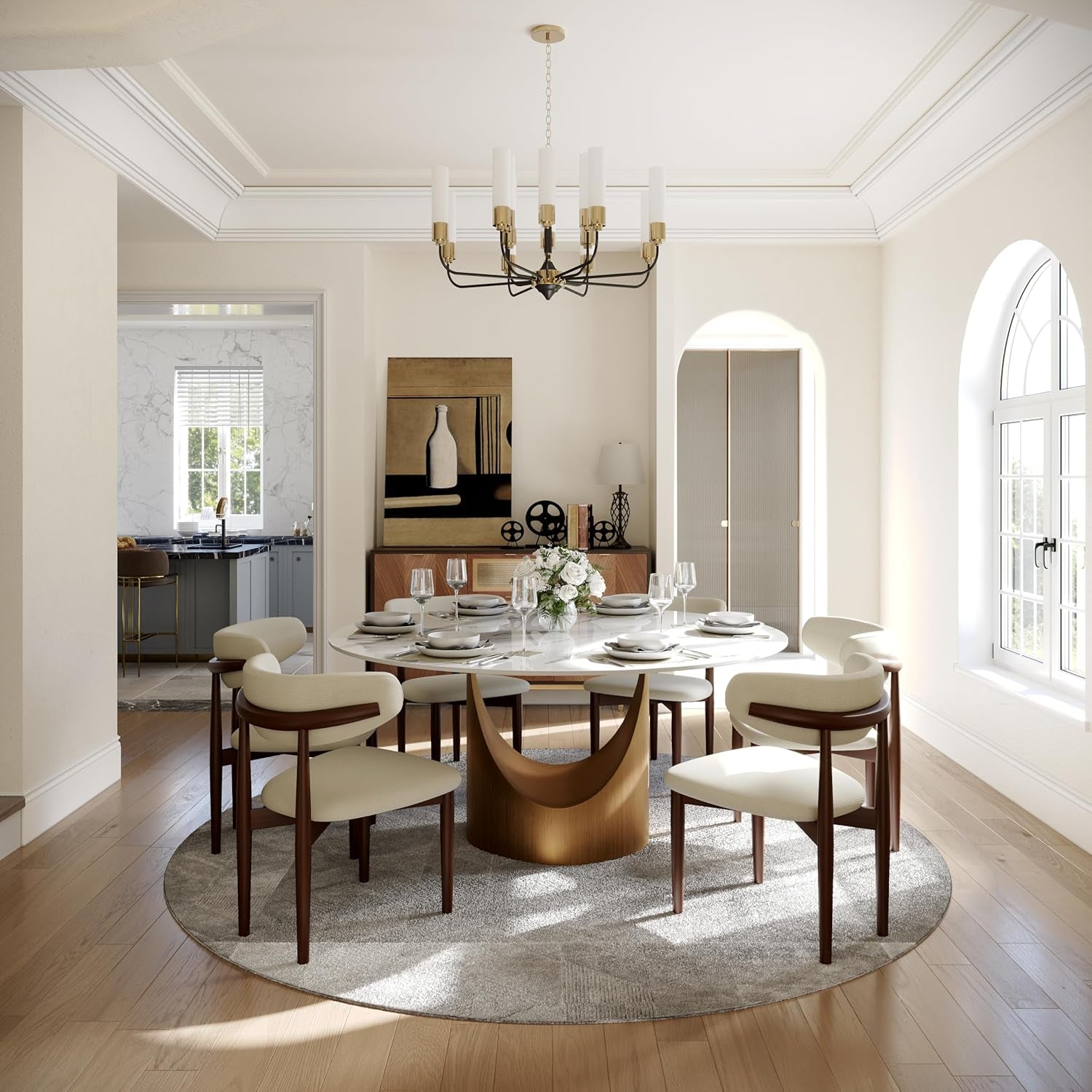 59" round Dining Table for 6, Glossy White Sintered Stone Dining Tabletop with Bronze Carbon Steel Pedestal, Modern Dining Room Table for Living Room, Kitchen (Table ONLY)