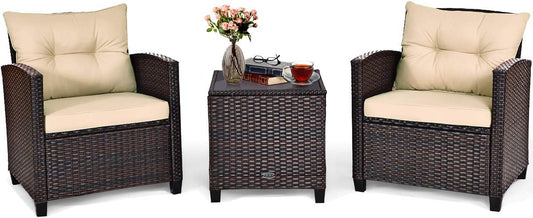 3PCS Patio Furniture Set, PE Rattan Wicker Sofa W/Washable Cushion and Coffee Table, Tempered Glass Tabletop, Outdoor Conversation Set for Balcony, Porch, Yard, Backyard, Lawn, Beige