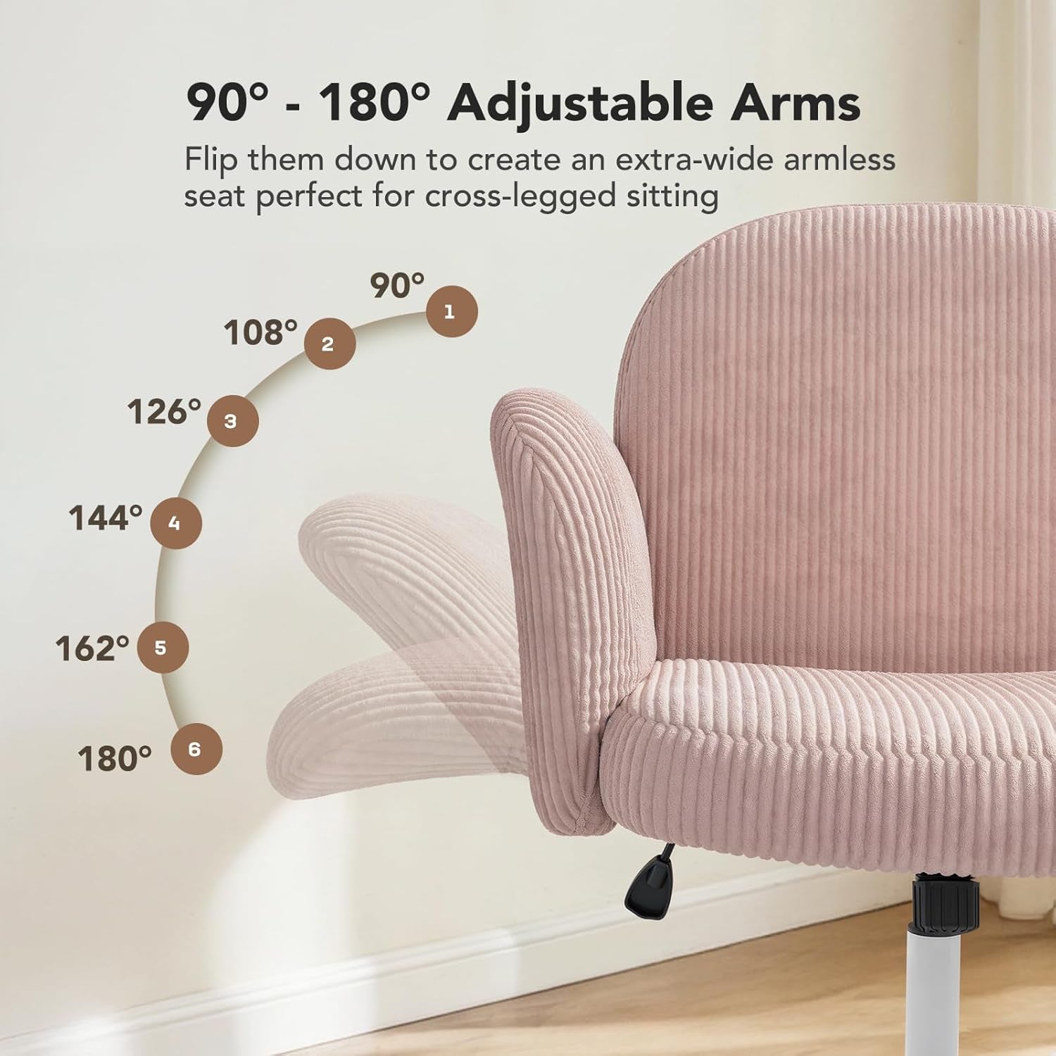 Criss Cross Office Chair for Women, Cross Legged Desk Chair with Adjustable Armrests, Soft Corduroy Fabric for Small Spaces, Petite Home Office Computer Chair for Girls, Pink