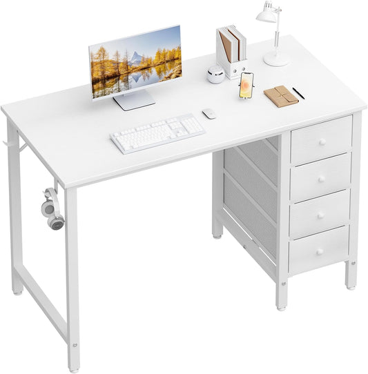 Small White Desk with Drawers for Bedroom, 40 Inch Kids Girls Study Desks, Reversible Computer Writing Nail Table with Fabric Drawer for Small Spaces Home Office Manicure