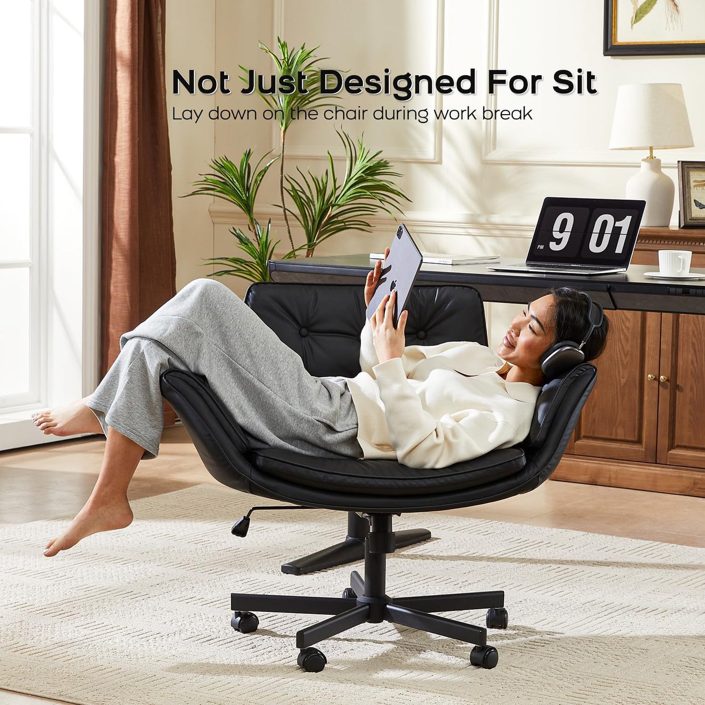 Criss Cross Chair with Armrests & Wheels, PU Leather Vanity Chair, Comfortable Adjustable Swivel Computer Office Desk Chairs for Home, Make Up, Bed Room (Cream White)