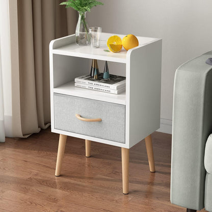 White Night Stand with Drawer, Mid Century Modern Bedside Table, Sturdy Wood Nightstand with Open Storage Shelf, Small Bedside Table for Bedroom, Kids Room & Small Spaces.