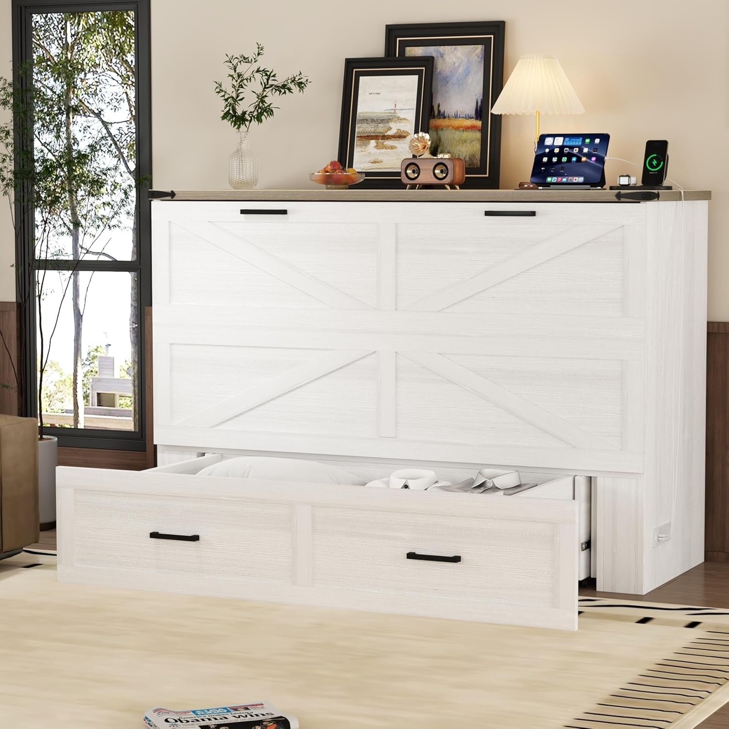 Modern Farmhouse Solid Wood Murphy Cabinet Bed with Charging Station, Foldable Wall Platform Bed with Storage Drawer/No Box Spring Needed/Easy Assemble/Queen, White