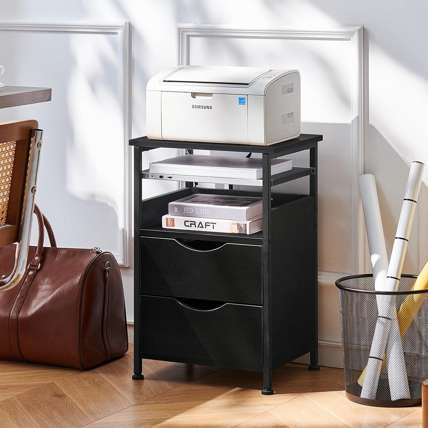 End Table with Charging Station, Narrow Side Table with 2 Drawers, Nightstand with 7 Color LED Light, Slim Bedside Table for Bedroom, Living Room, Small Spaces, Black