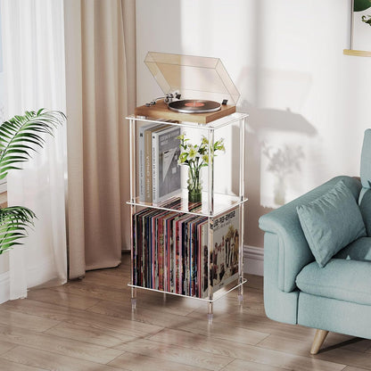 Acrylic Record Player Stand, 3-Tier Clear Turntable Table with Vinyl Record Storage, 15.74" L X 11.81" W X 30.7" H, Tall Modern Side Table/End Table for Living Room, Bedroom JJ00041