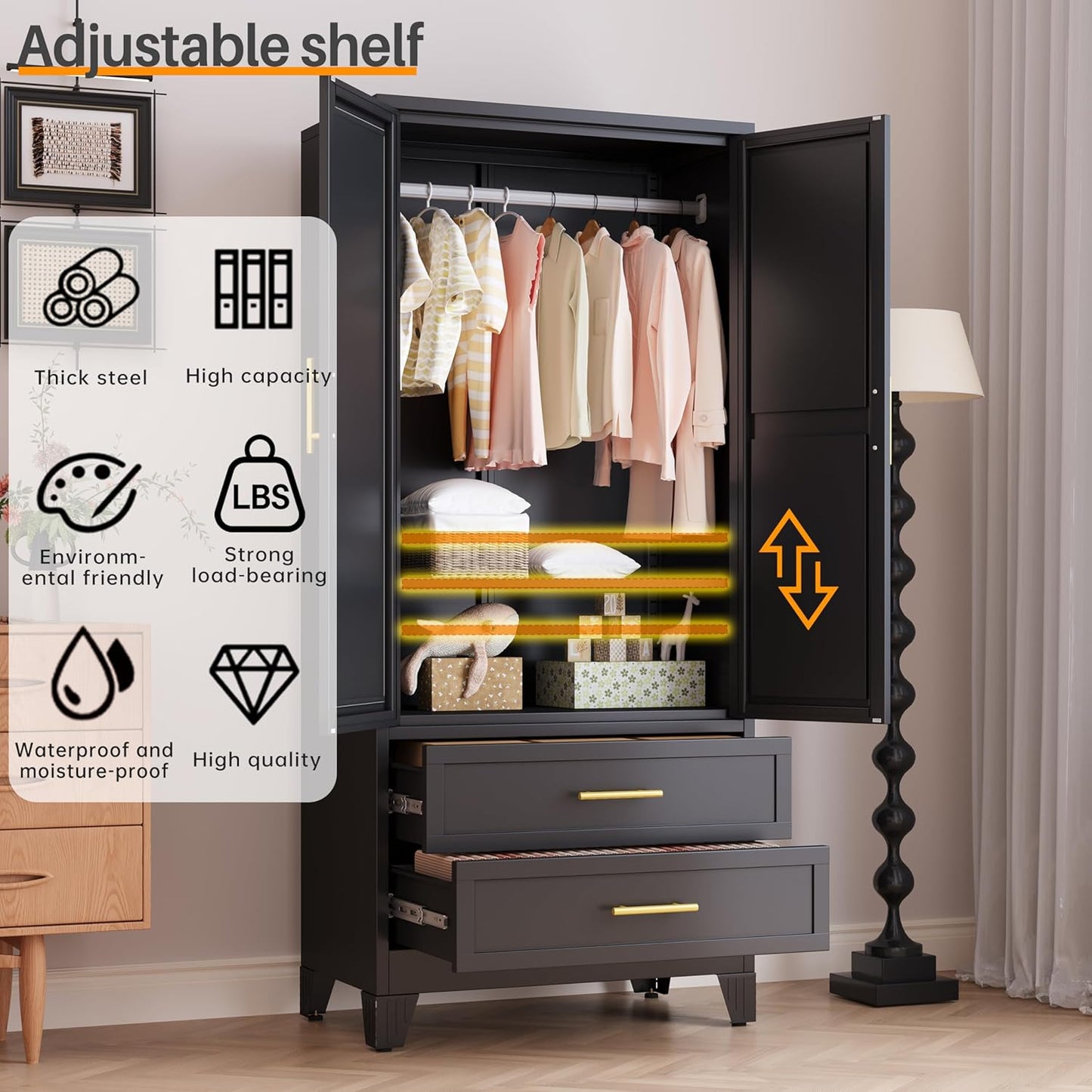 RIETERN Metal Armoire Wardrobe Closet, 71" Tall Bedroom Closet with Mirror, 2 Drawers, Adjustable Shelves, and Hanging Rod, Steel Clothes Closets and Storage, for Bedroom Black