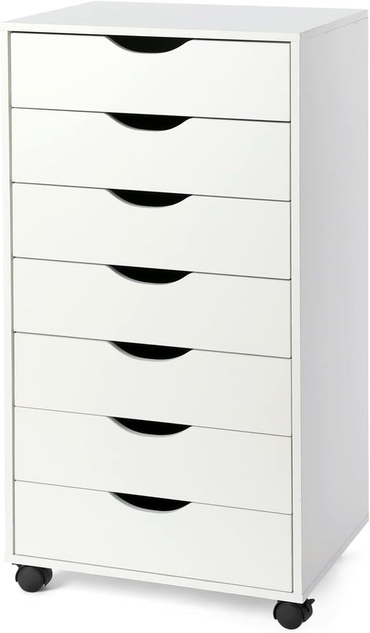 7-Drawer Organizer, Tall Chest of Drawers with Caster Wheels, Alex Drawers File for Home Office, White
