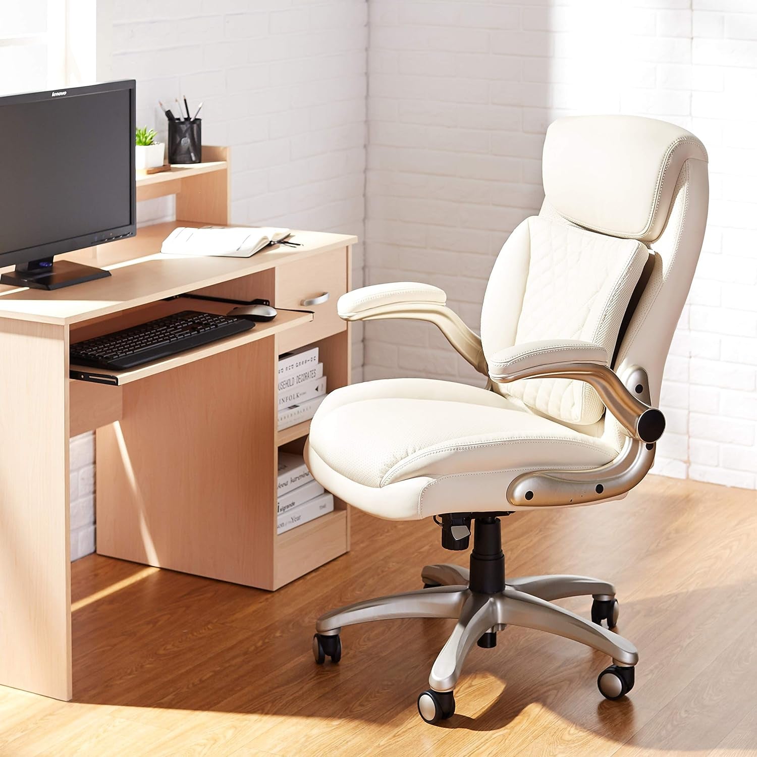 Ergonomic Executive Office Desk Chair with Lumbar Support, Flip-Up Armrests, Adjustable Height, Cream Leather