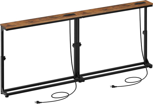 Narrow Console Table Set of 2 with Adjustable Height, behind Couch Table with Charging Station, 39.4" W X 5.9" D Skinny Sofa Entryway Table, for Living Room, Hallway, Rustic Brown BF95UXGP201
