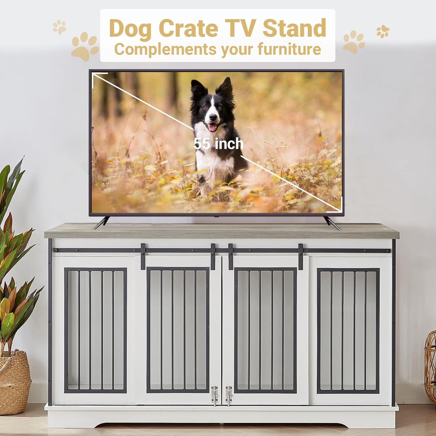61" Double Dog Crate Furniture for 2 Dogs, Double Dog Kennel Furniture TV Stand with Divider, Furniture Style Wooden Crates for Large Medium Small Dogs Indoor White
