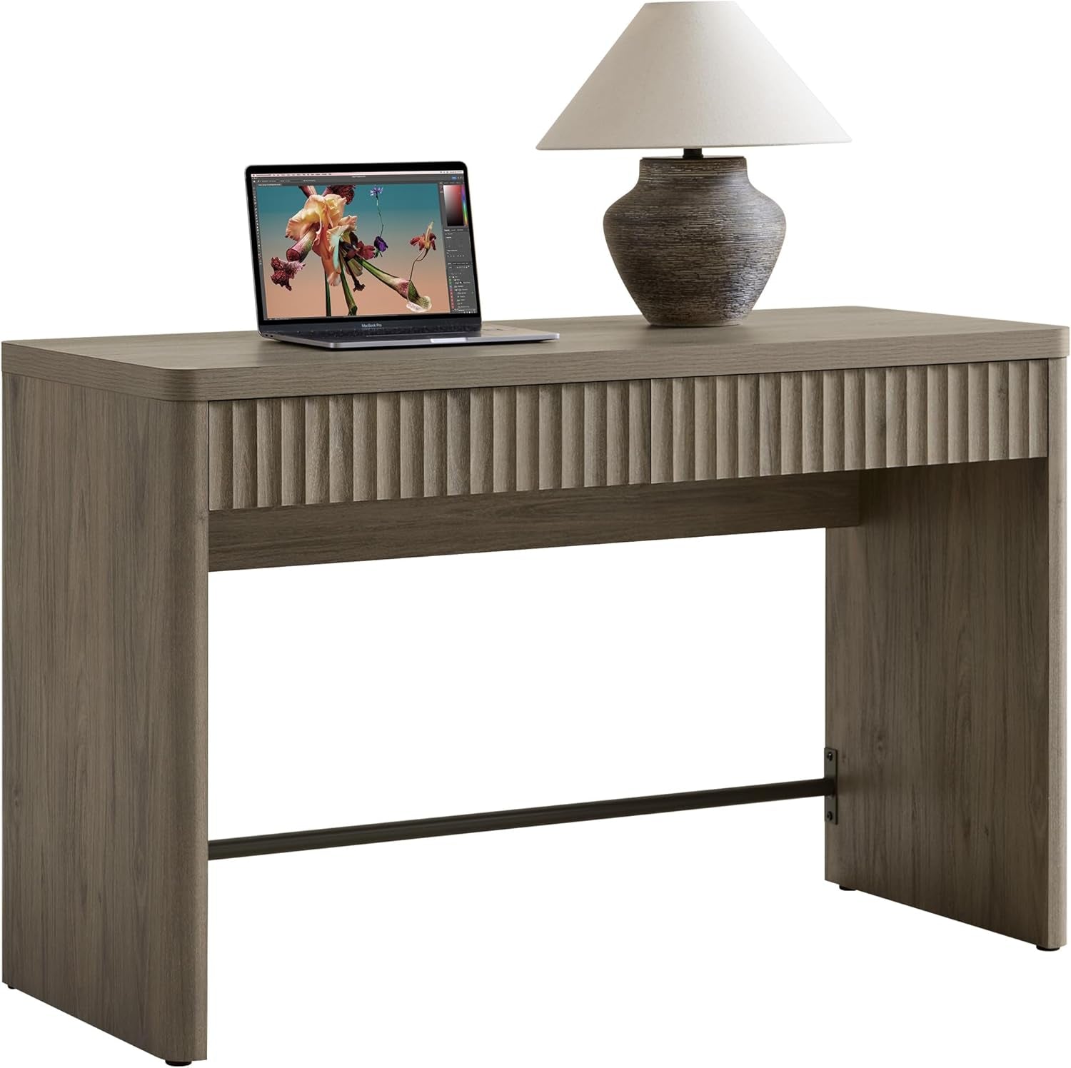 Office Computer Desk with 2 Drawers Modern Executive Writing Desk 48.8" Large Work Home Office Desks with Storage Fluted Makeup Vanity Table Study Table for Living Room Bedroom, Grey Alder