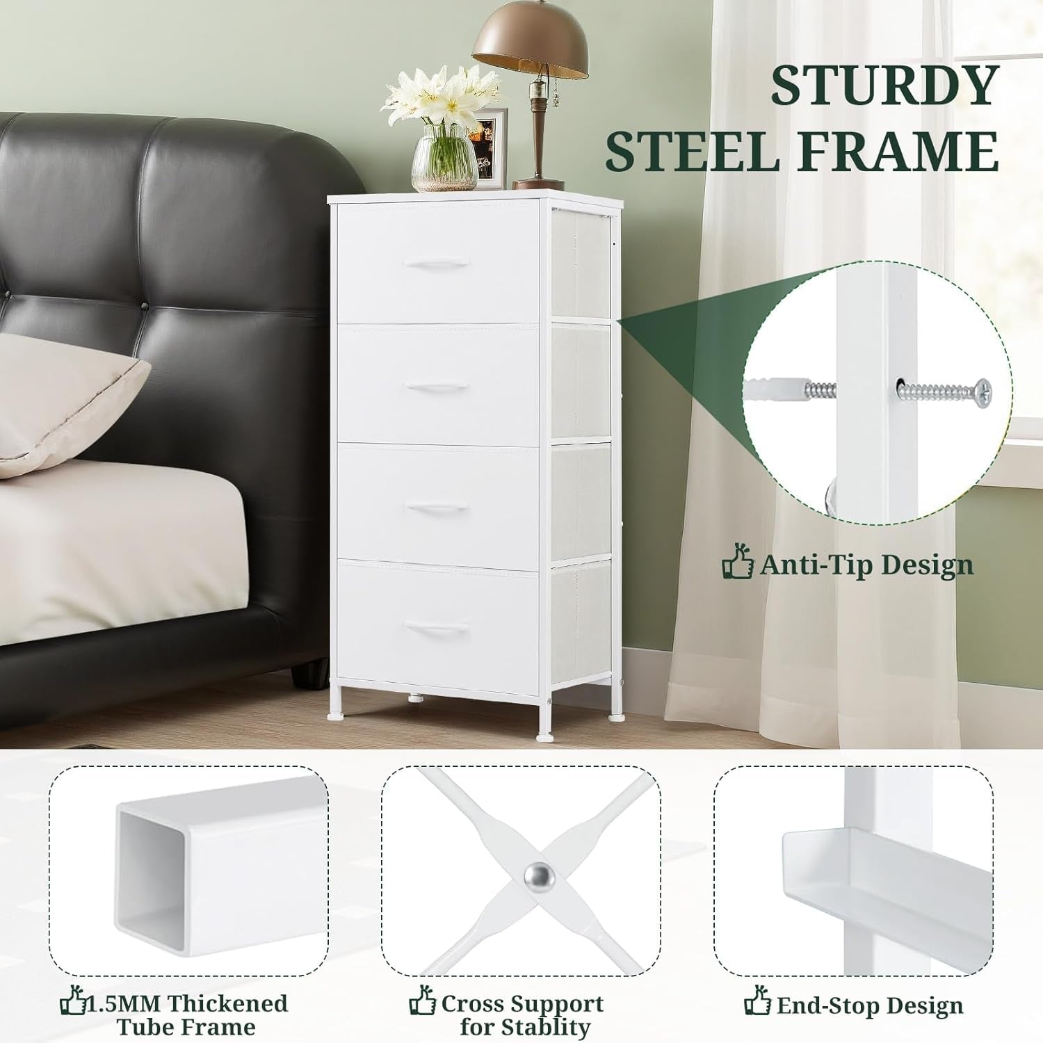 Nightstand, 4 Drawer Dresser End Table Bedside Furniture with Wooden Top Steel Frame Fabric Bins for Bedroom, Closet, Entryway, Dorm, Living Room, White