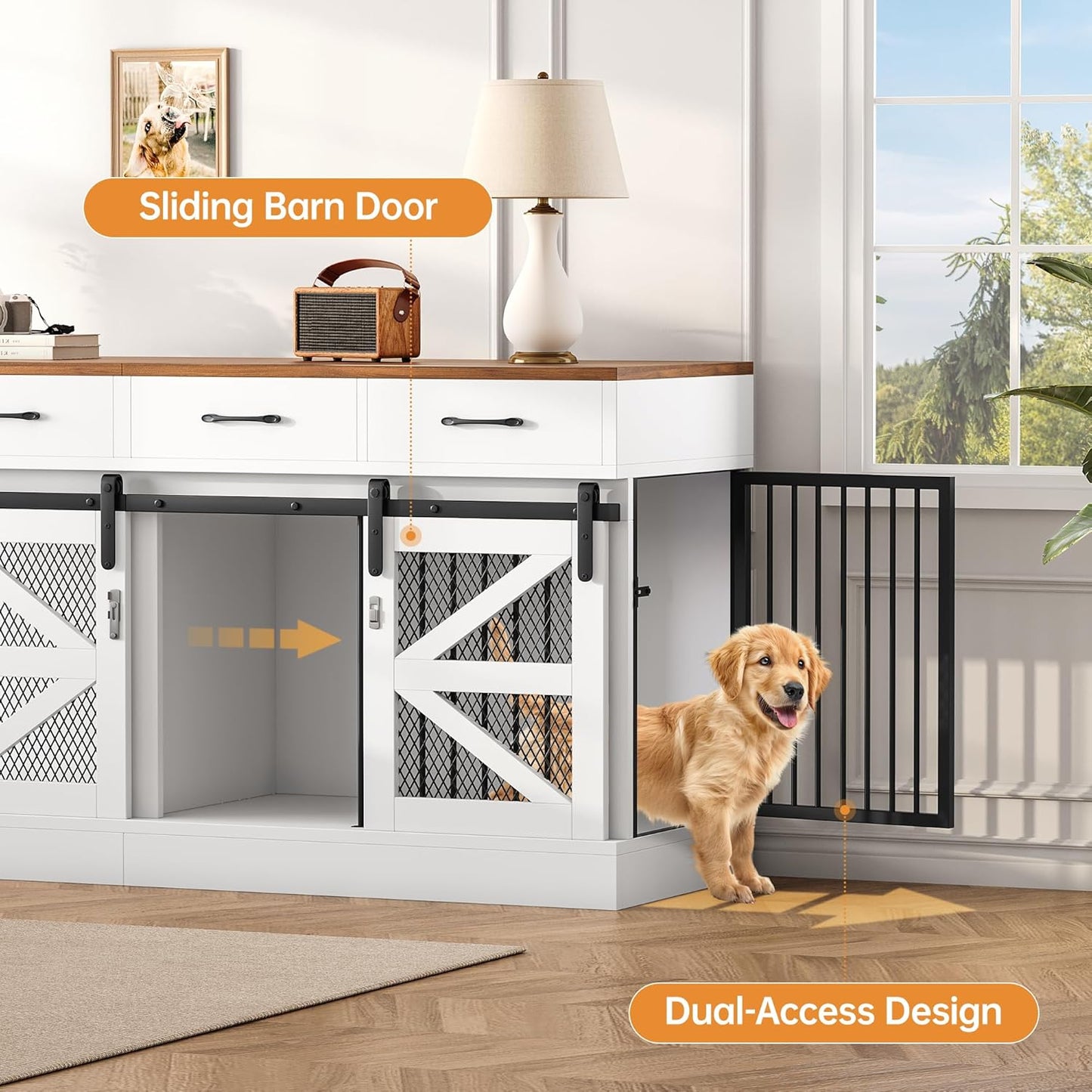 Extra Large Dog Crate Furniture for 2 Dogs, 71'' Dog Kennel Indoor with Removable Divider and 4 Storage Drawers, Sturdy Wooden Dog Crate TV Stand with 4 Doors for Large Medium Small Dogs