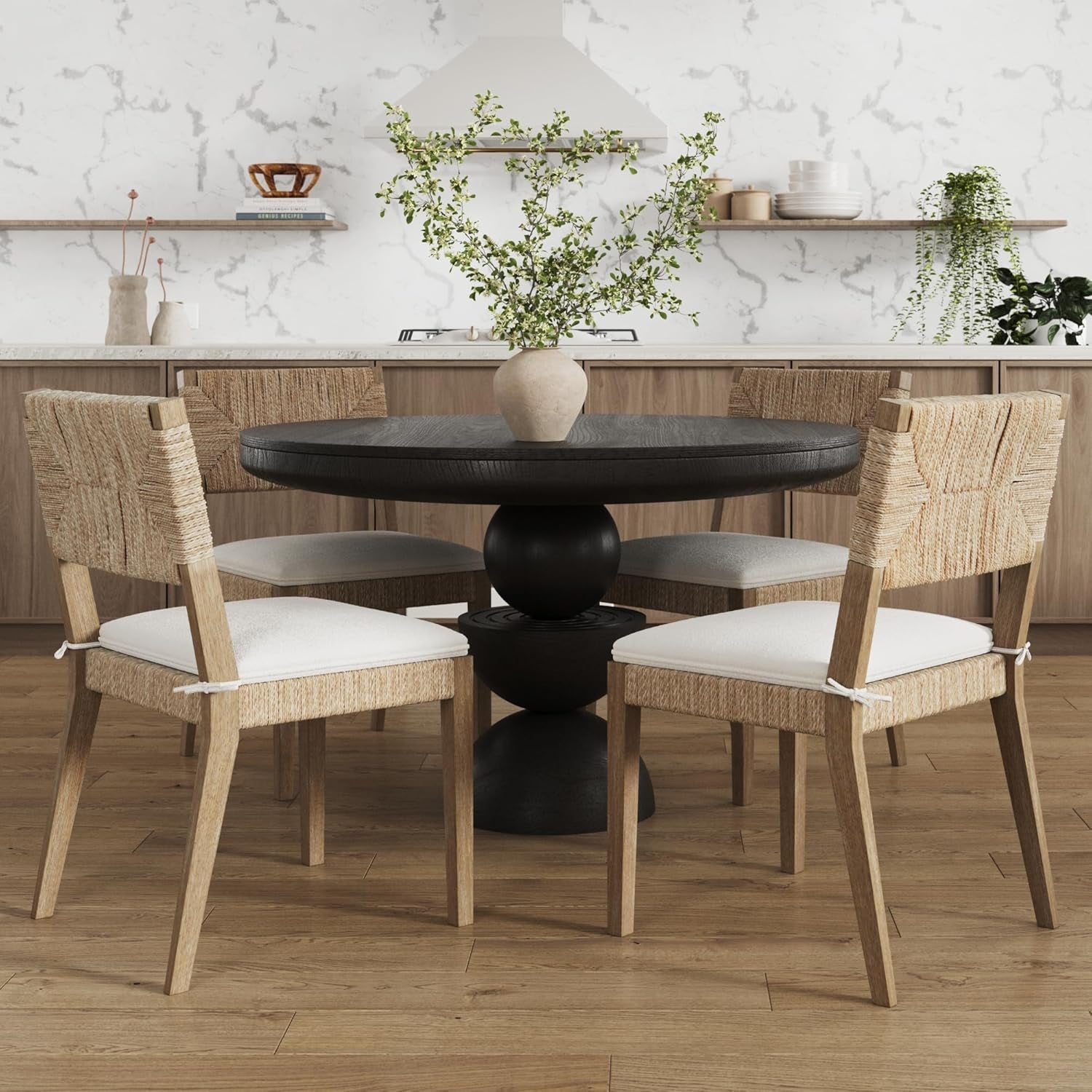 Beacon Boho Dining Chair, Boucle Dining Chair with Seagrass Accent and Solid Wood Legs, Cream Boucle/Light Brown