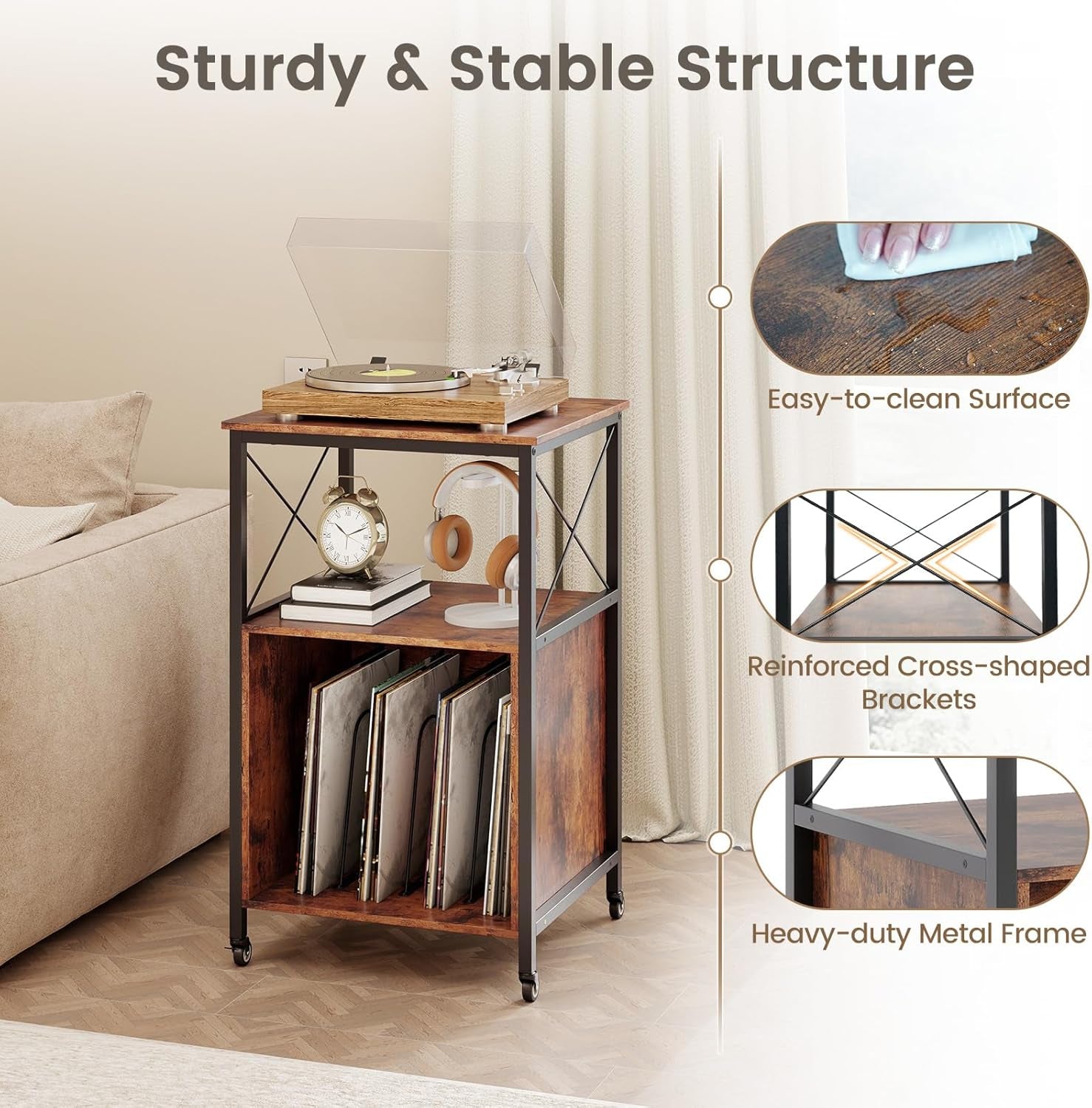 Record Player Stand with Charging Station, Rolling 3-Tier Turntable Stand with Open Shelf & Dividers, Record Player Table with Metal Frame, Vinyl Record Storage on Wheels for Living Room