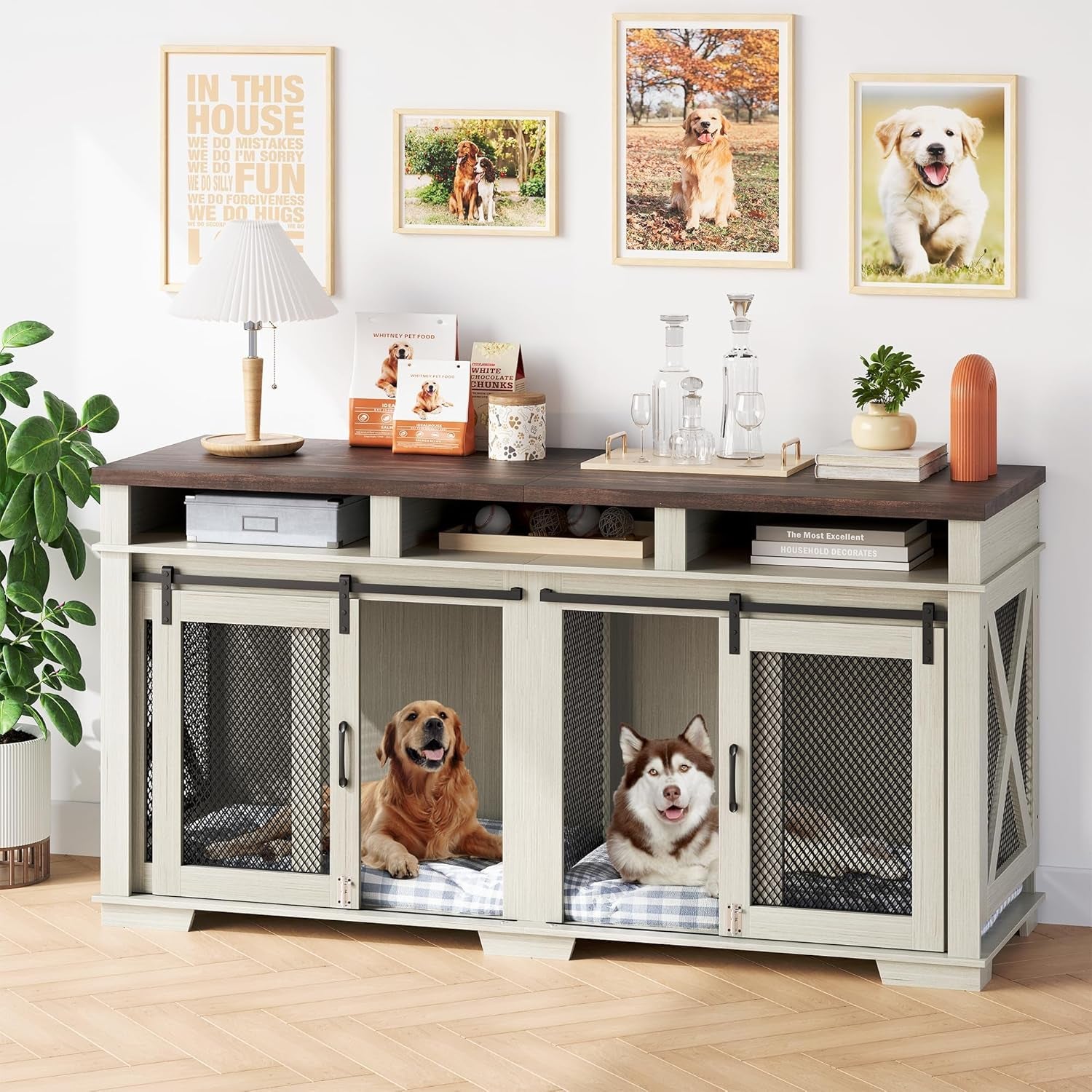 Dog Crate Furniture, 71" Heavy Duty Dog Crate Furniture with 3 Storage Compartments & Removable Divider, Stylish Double Dog Kennel Table Indoor TV Stand for Large & Medium Dogs, Light Oak/Dark Walnut