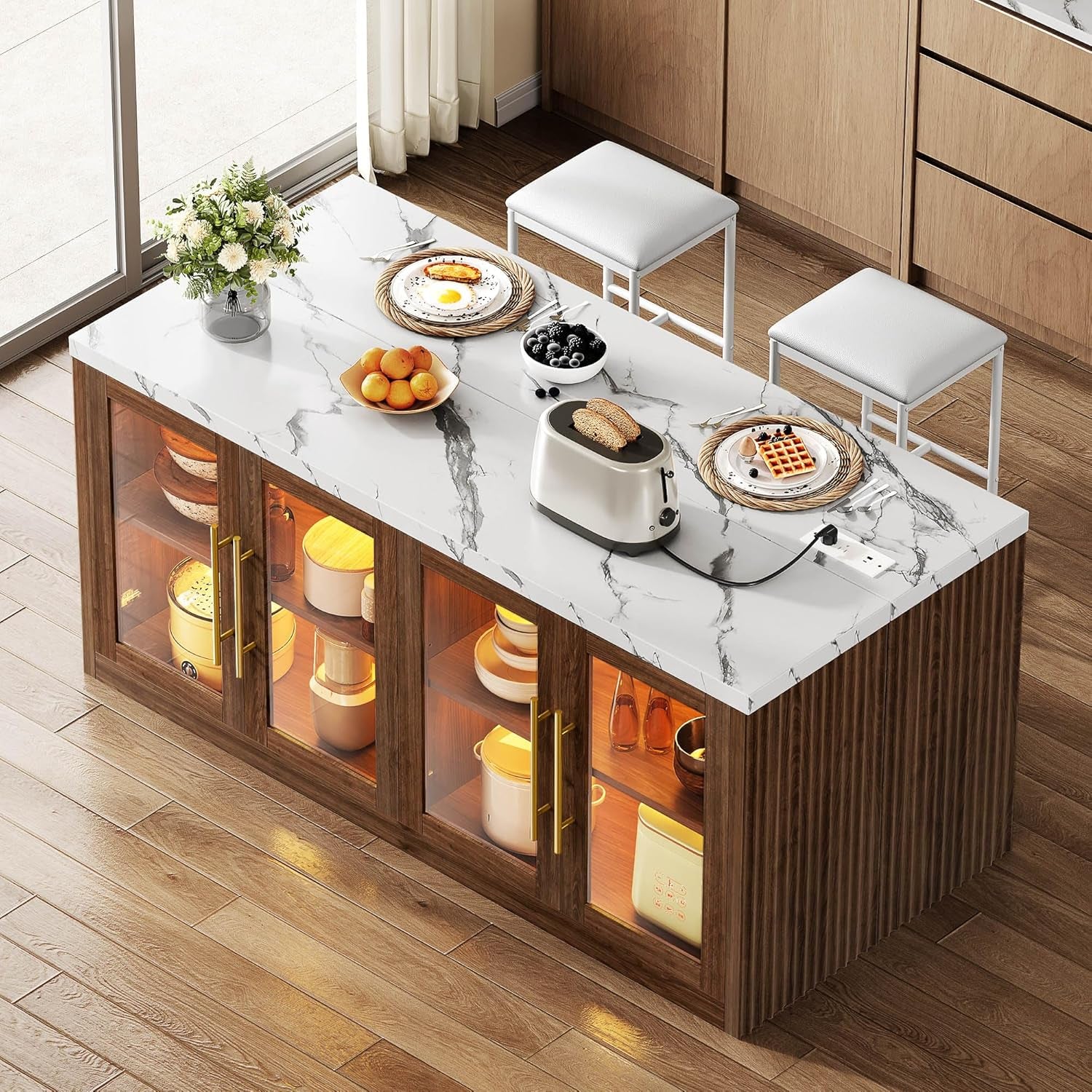 Kitchen Island with Storage, 57" W Large Island Table with Seating/Led Light for Dining Room, Kitchen Carts on Wheels Breakfast Bar Table W/Power Outlet, Walnut