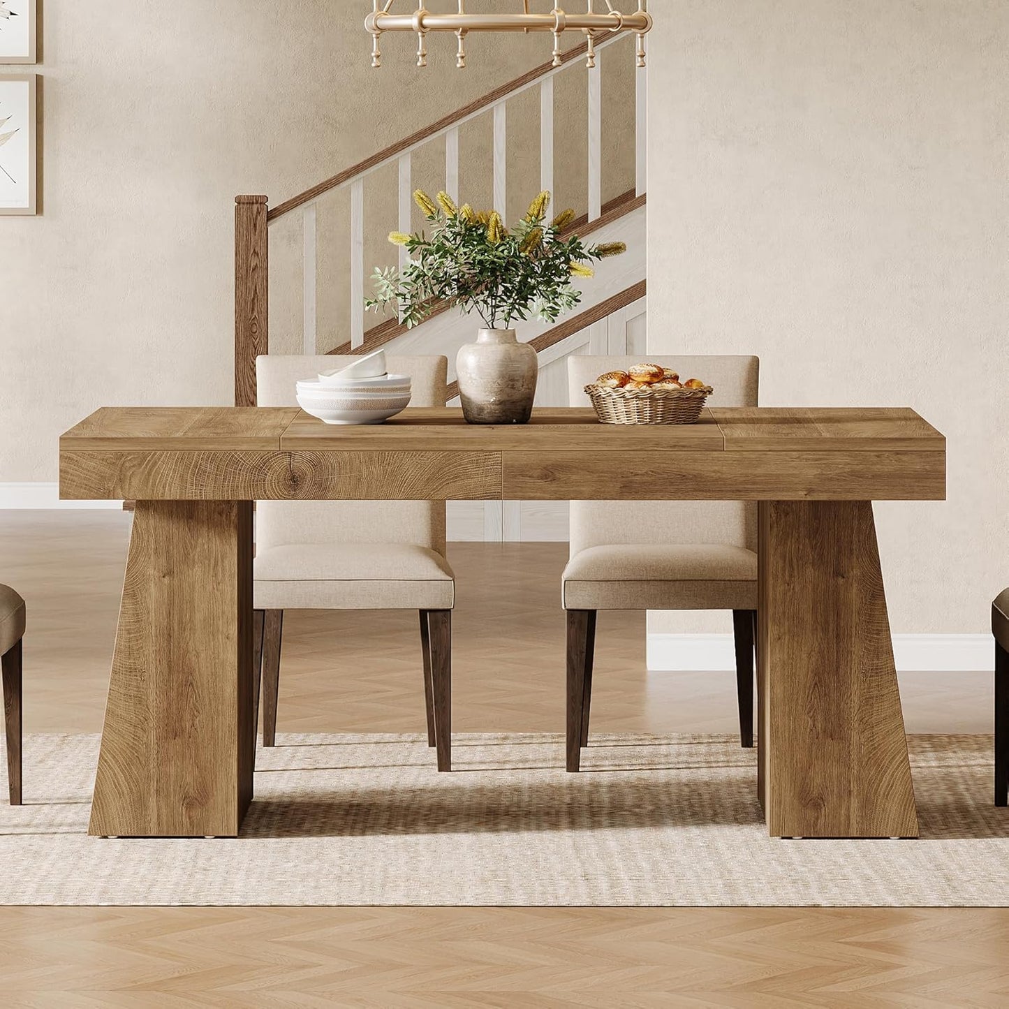 Dining Room Table for 4-6, 55-Inch Mid-Century Modern Dining Table with Double Pedstral, Rectangular Wood Kitchen Dinner Table for Dining Room, Kitchen, Home, Black & Brown