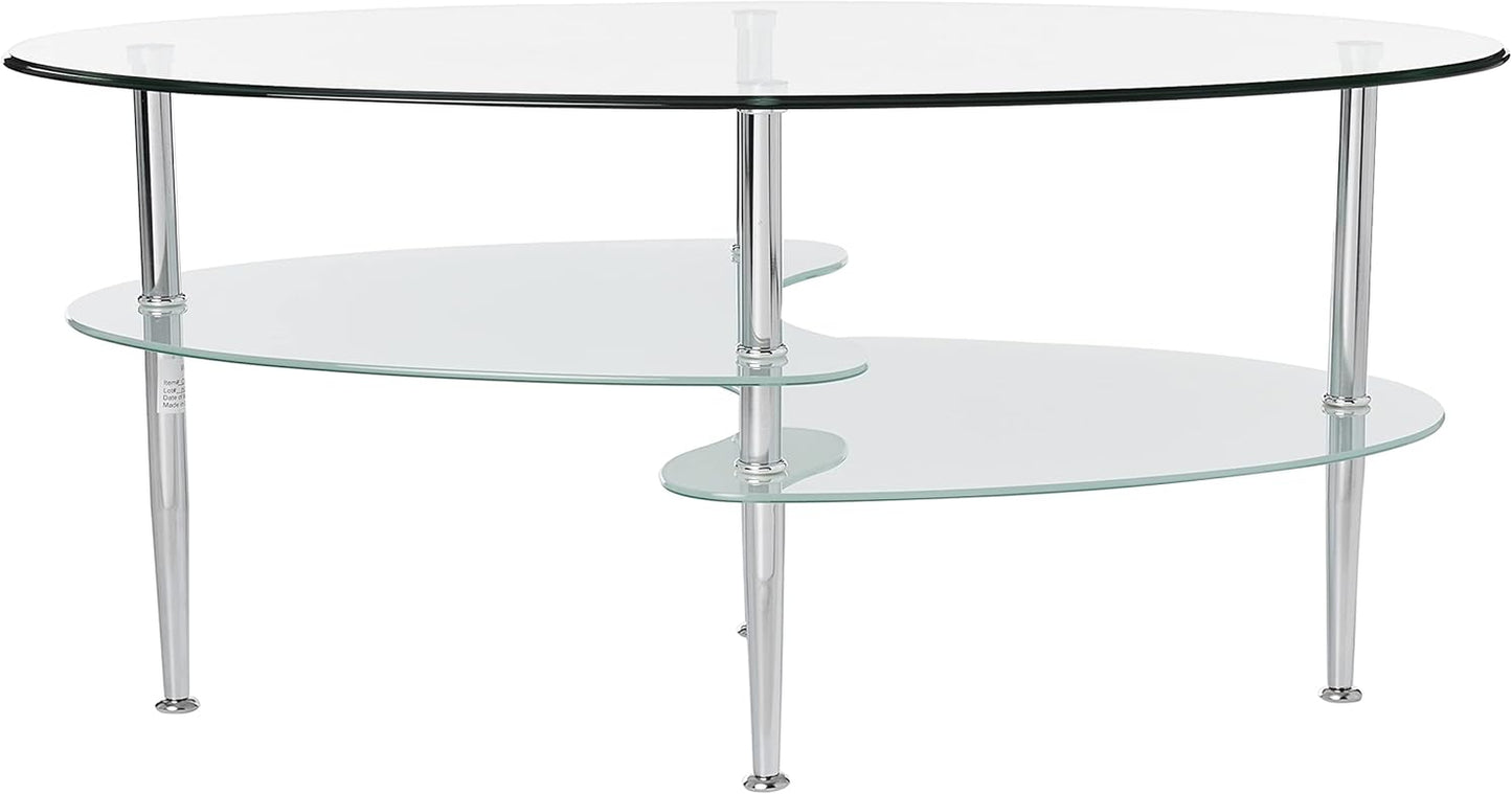 Modern Oval Glass Coffee Table Living Room Accent Ottoman Storage Shelf, 37 Inch, Glass