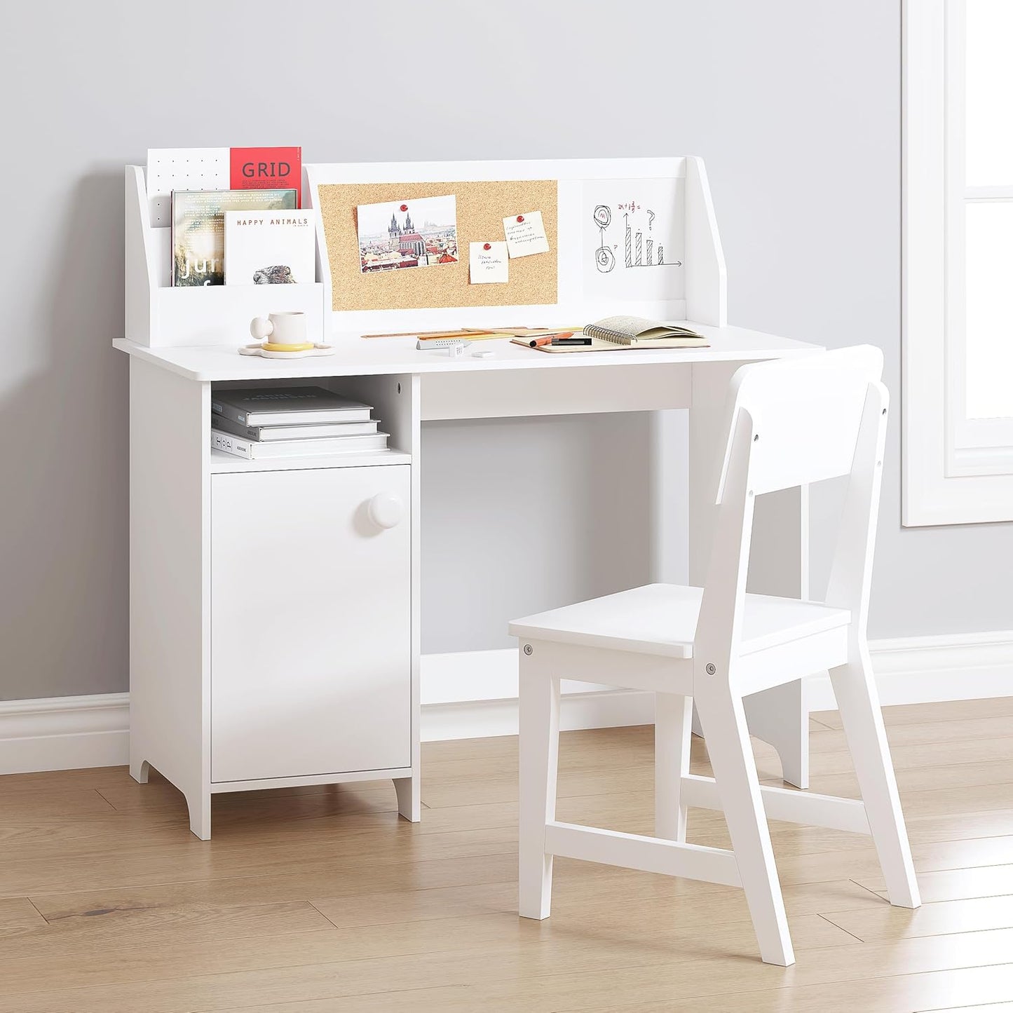 Kids Study Desk with Chair, Kids Desk and Chair Sets with Hutch for 3-8, Wooden Children Study Table, Student Writing Table Computer Workstation