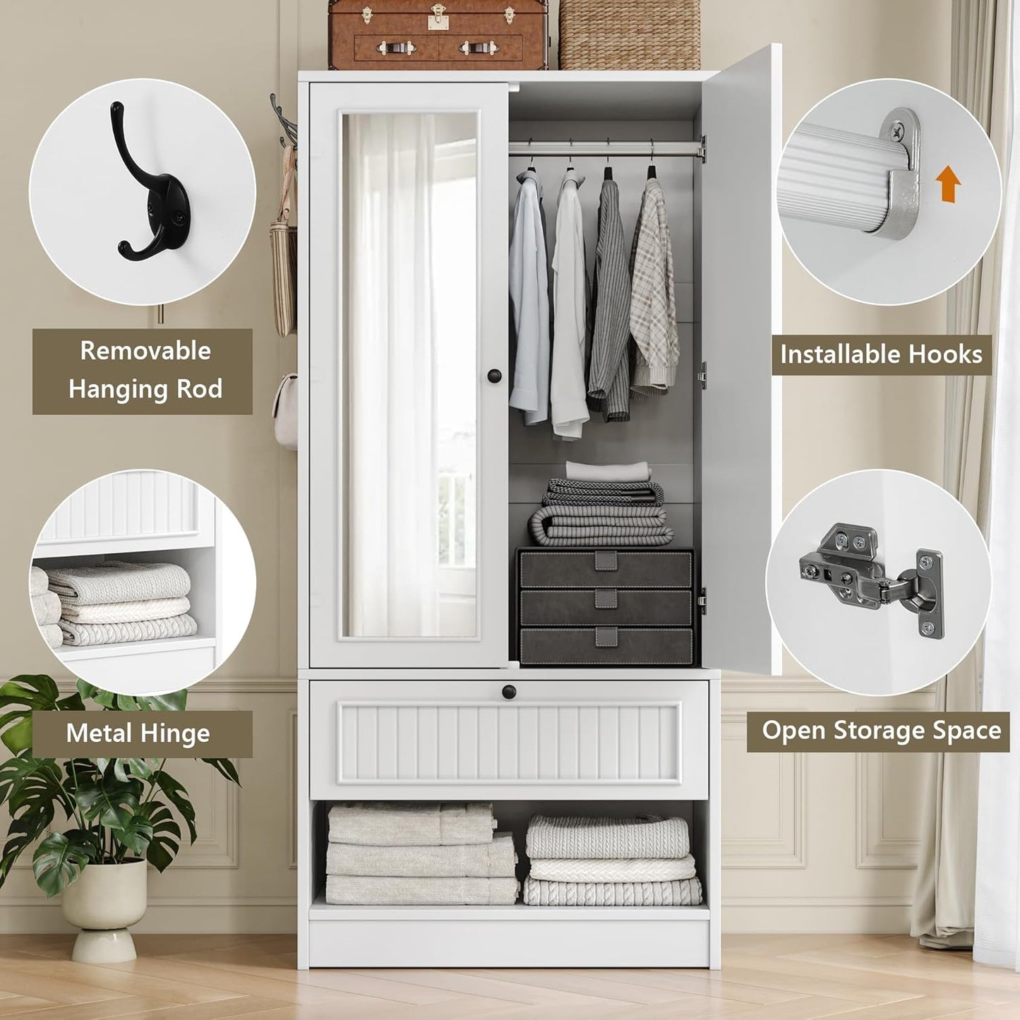 70" Armoire Wardrobe Closet with Doors & Mirror,Wooden Wardrobe with Drawers and 3 Side Hooks,Large Freestanding Bedroom Storage Wardrobe Cabinet,White